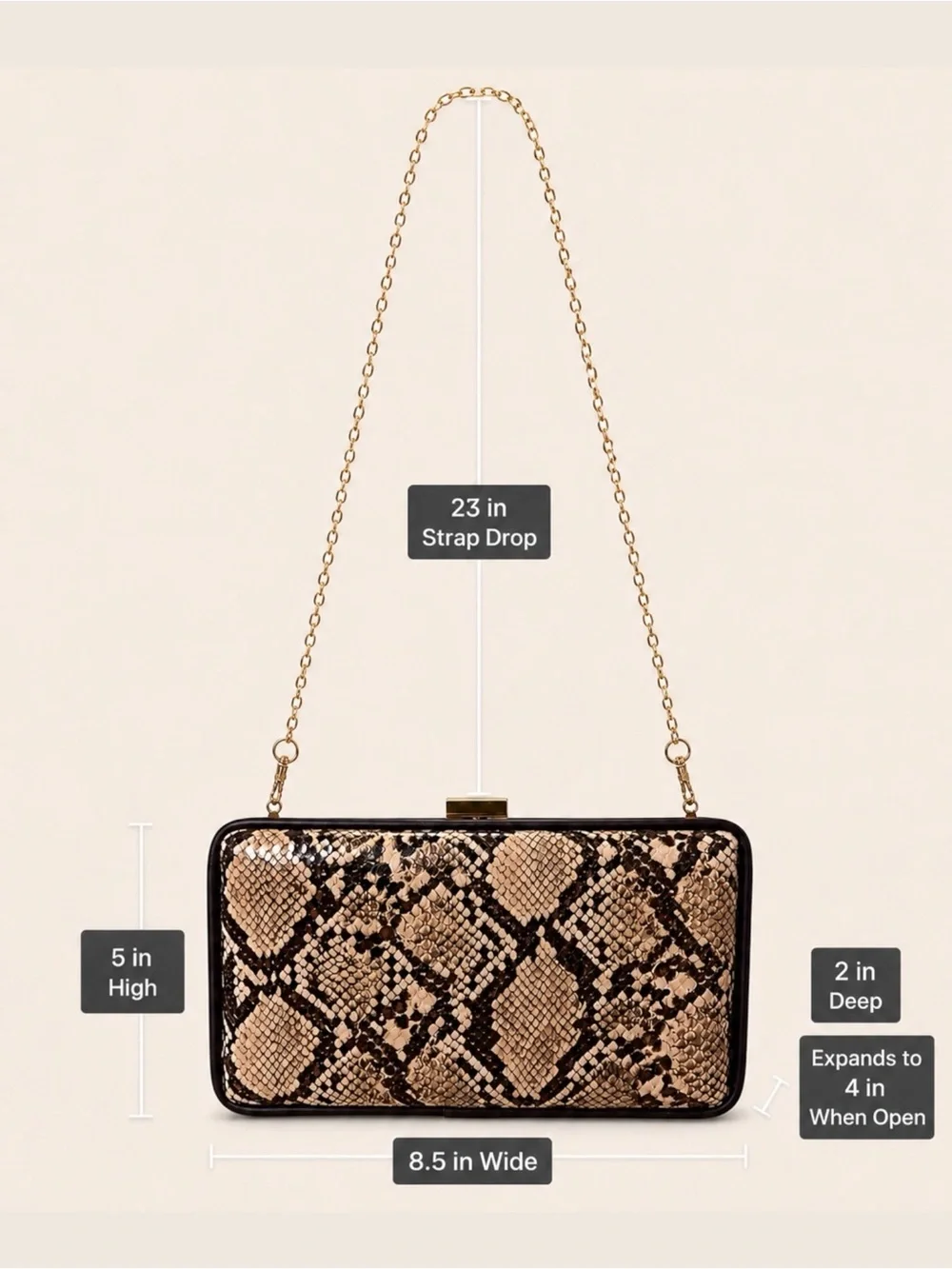Urban Expressions Evening Box Clutch Vivian O'Nay Vegan Snake Print Beige